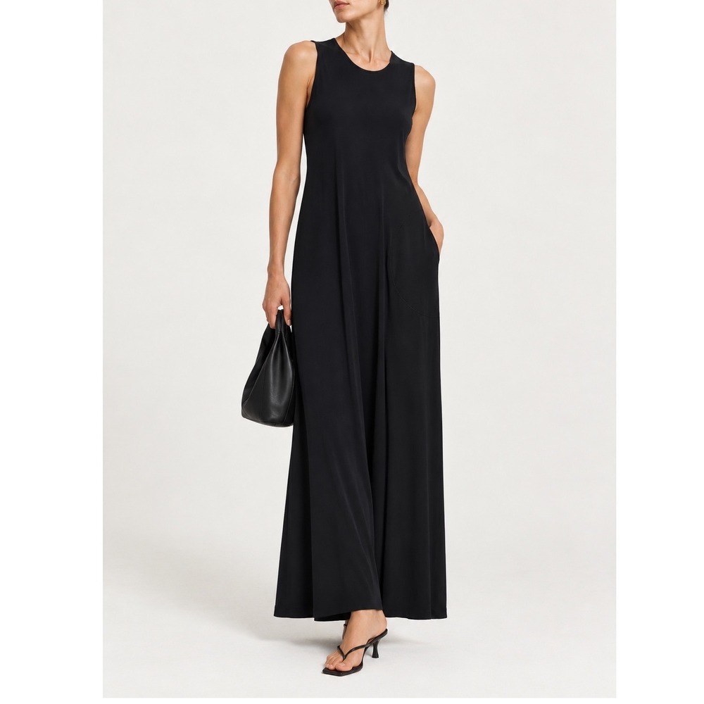Norma Kamali Sleeveless Long Swing Dress Large Black Maxi Stretch Side Pocket